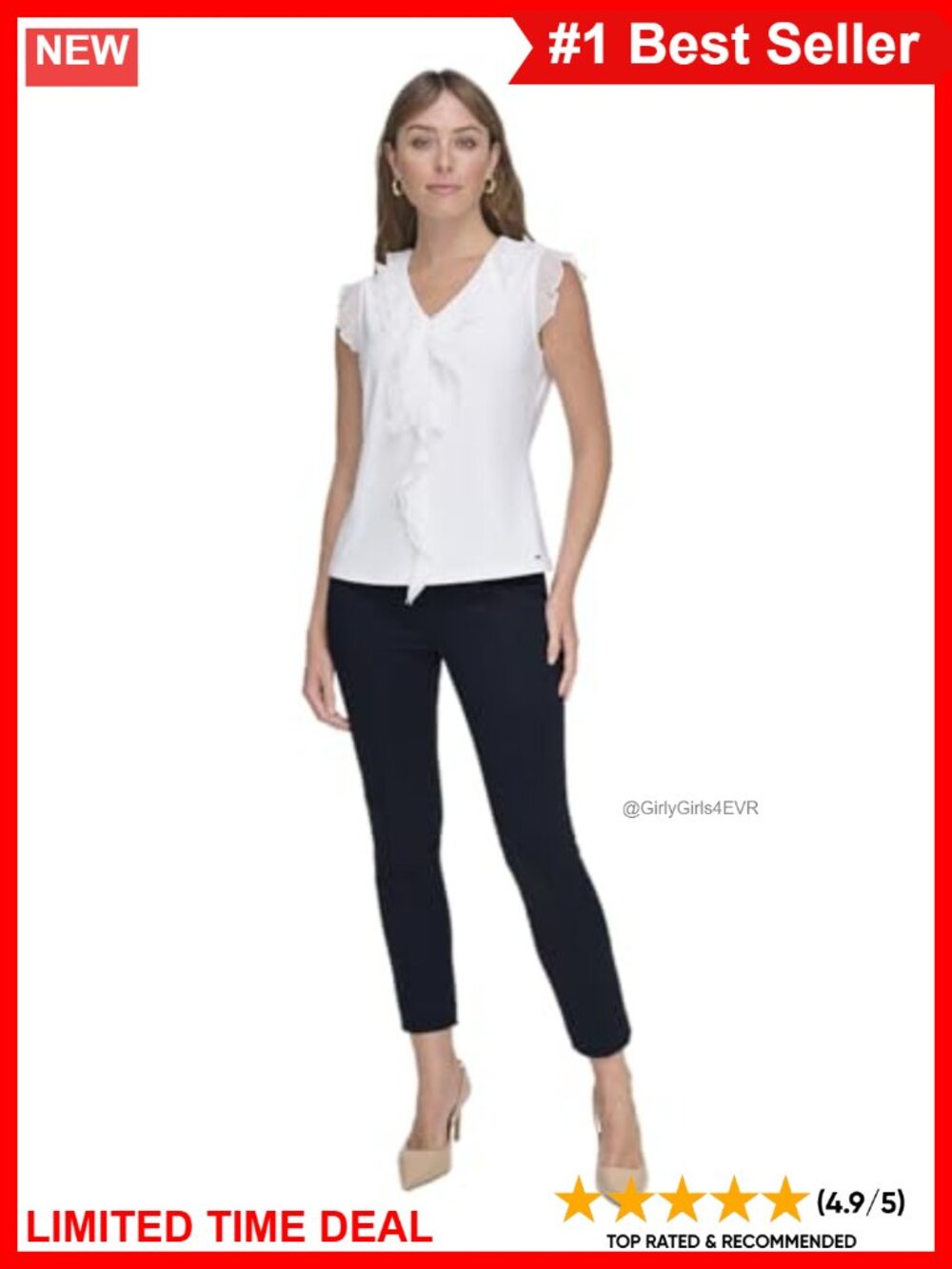 Sleeveless Mix Media Ruffle Front Blouse V-Neck Work Top